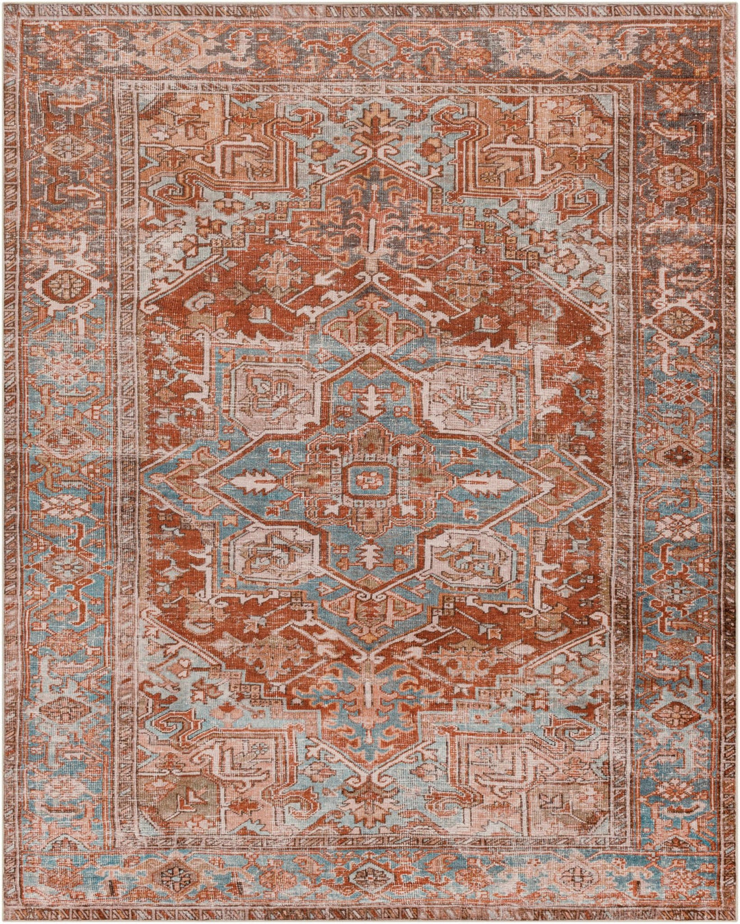 Vintage Style Rust, Blue and Ivory Traditional Medallion Washable Area Rug - The Rug Decor