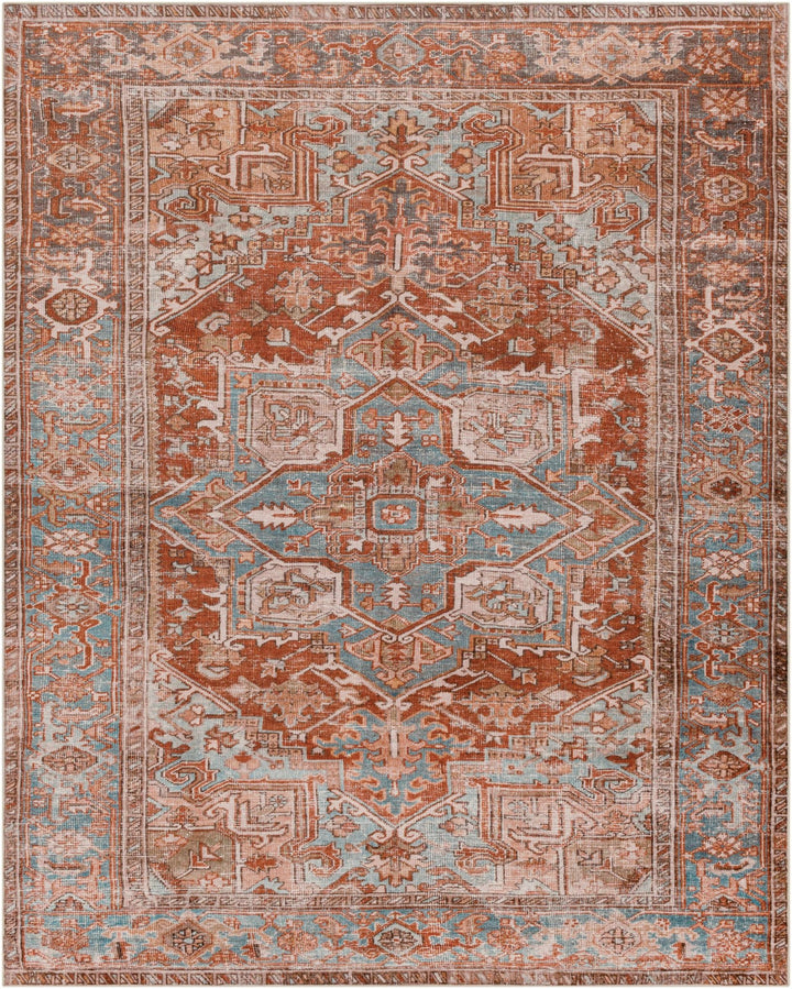 Vintage Style Rust, Blue and Ivory Traditional Medallion Washable Area Rug - The Rug Decor