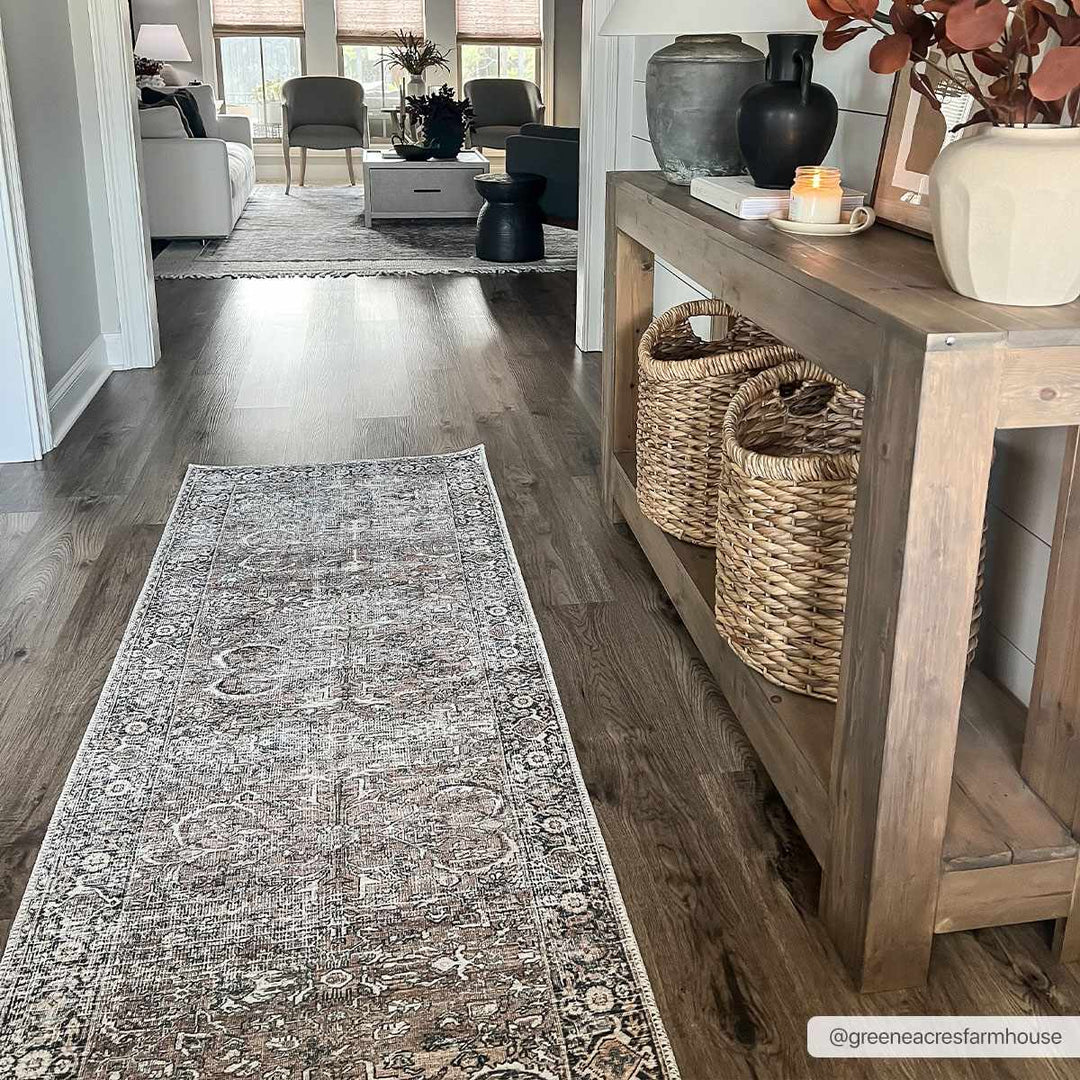 Woven Brown, Ivory and Charcoal Traditional Floral Washable Turkish Rug - The Rug Decor