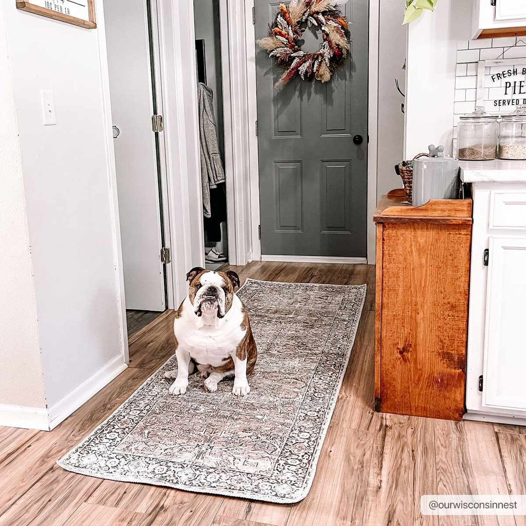 Woven Brown, Ivory and Charcoal Traditional Floral Washable Turkish Rug - The Rug Decor