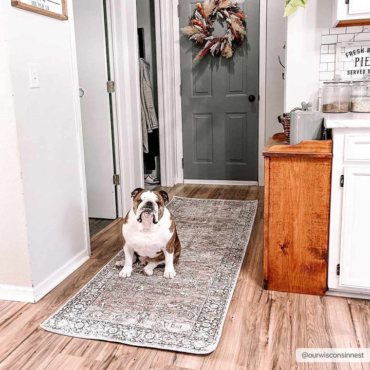 Woven Brown, Ivory and Charcoal Traditional Floral Washable Turkish Rug - The Rug Decor