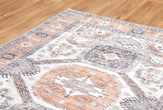Traditional Ivory And Beige Machine Washable Rug