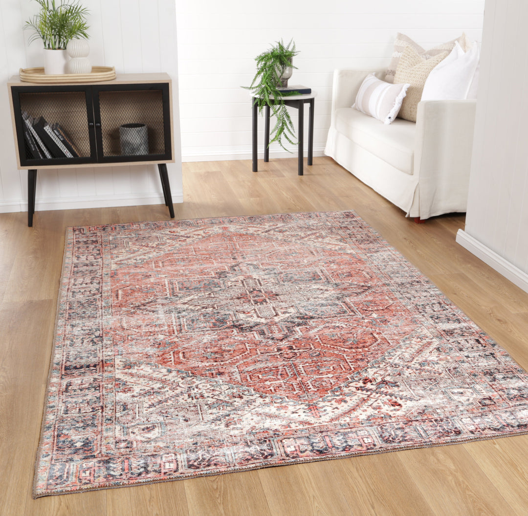 Traditional Turkish Design Machine Washable Rust And Beige Rug