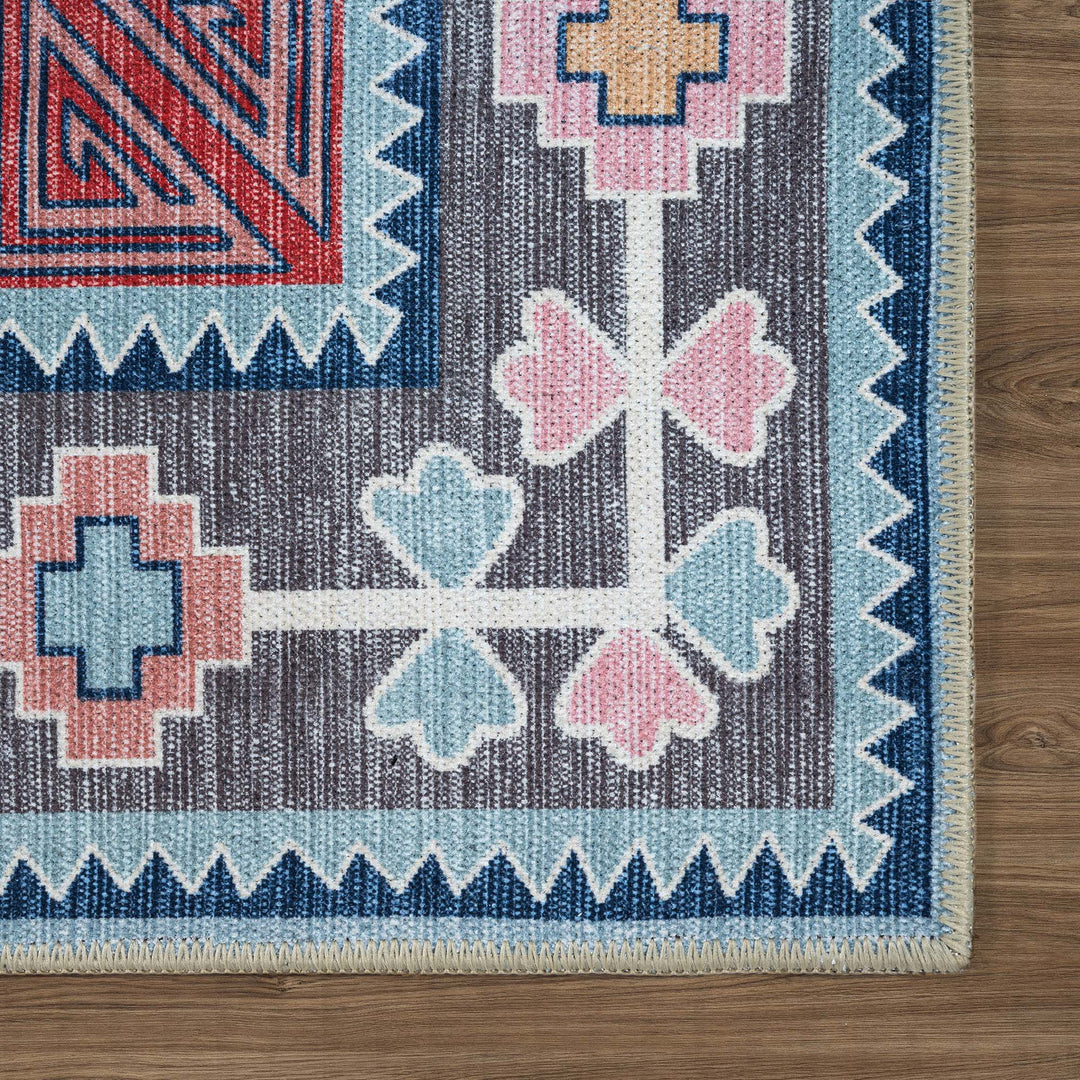 Leena Blue Multicolor Washable Oushak Area Rug