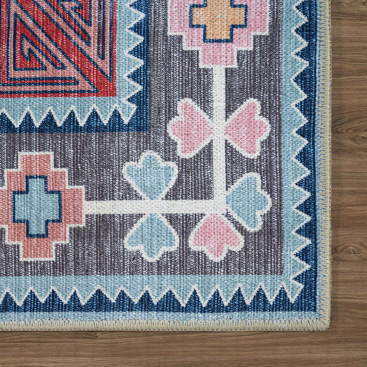 Leena Blue Multicolor Washable Oushak Area Rug