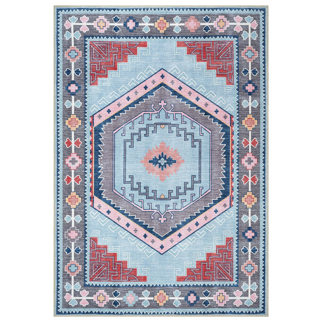 Leena Blue Multicolor Washable Oushak Area Rug