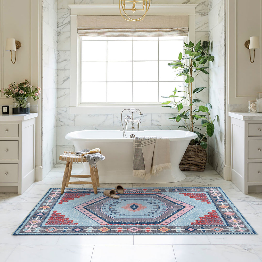 Leena Blue Multicolor Washable Oushak Area Rug