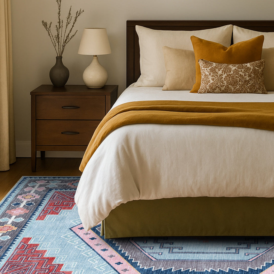 Leena Blue Multicolor Washable Oushak Area Rug