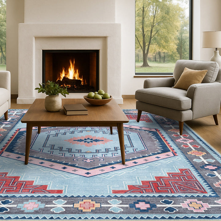 Leena Blue Multicolor Washable Oushak Area Rug