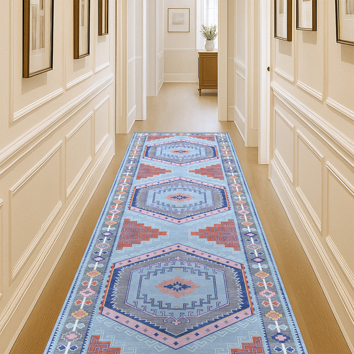 Leena Blue Multicolor Washable Oushak Area Rug