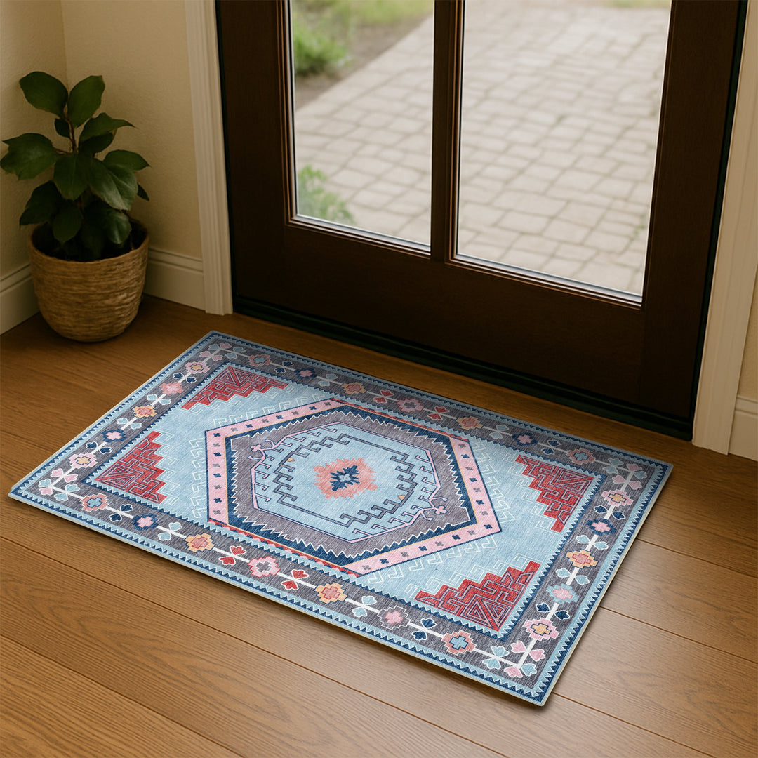 Leena Blue Multicolor Washable Oushak Area Rug