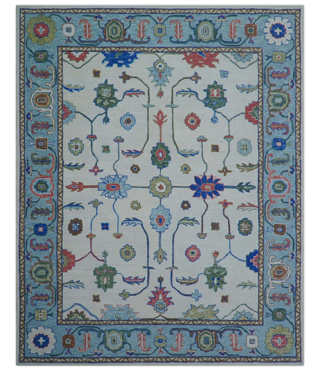 Custom Made Modern Oushak Ivory And Blue Hand Tufted Wool Area Rug