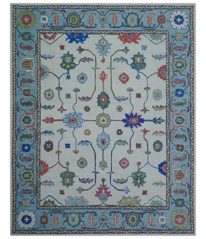 Custom Made Modern Oushak Ivory And Blue Hand Tufted Wool Area Rug