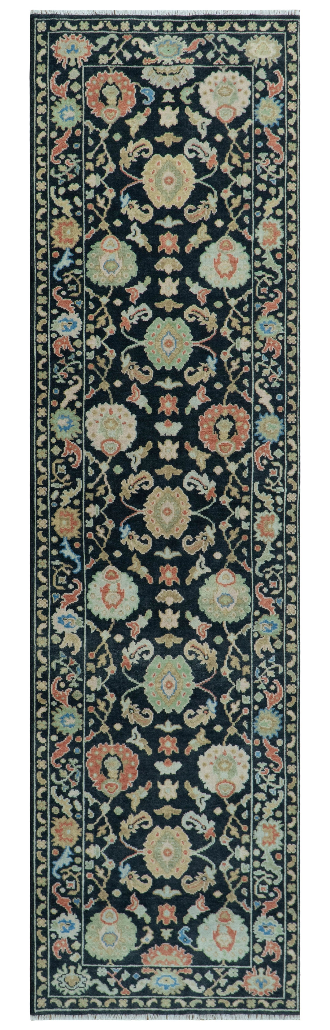 Long Runner 4x15 Hand Knotted Black Colorful Oushak Wool Rug
