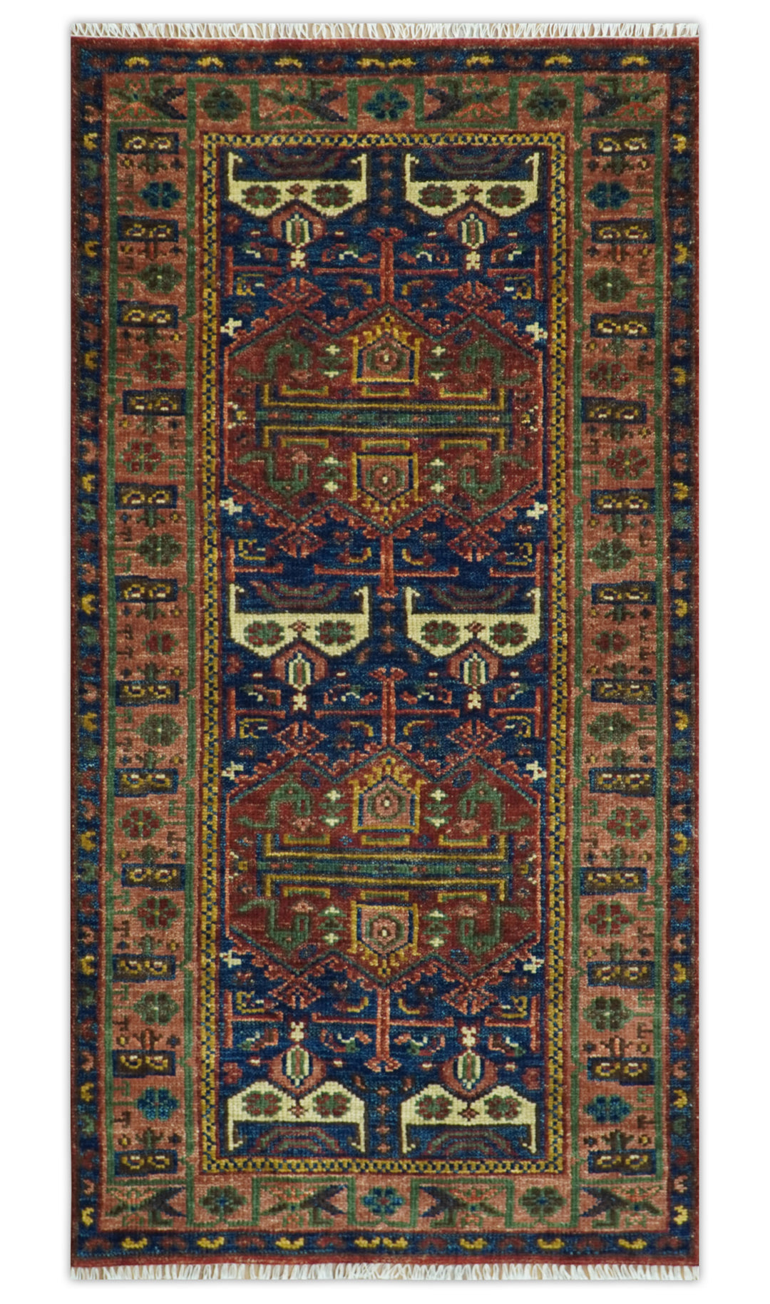 Ready to Ship Hand knotted 4x8 Traditional Antique Style Rust and Blue Area Rug