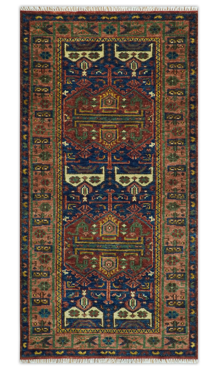 Ready to Ship Hand knotted 4x8 Traditional Antique Style Rust and Blue Area Rug