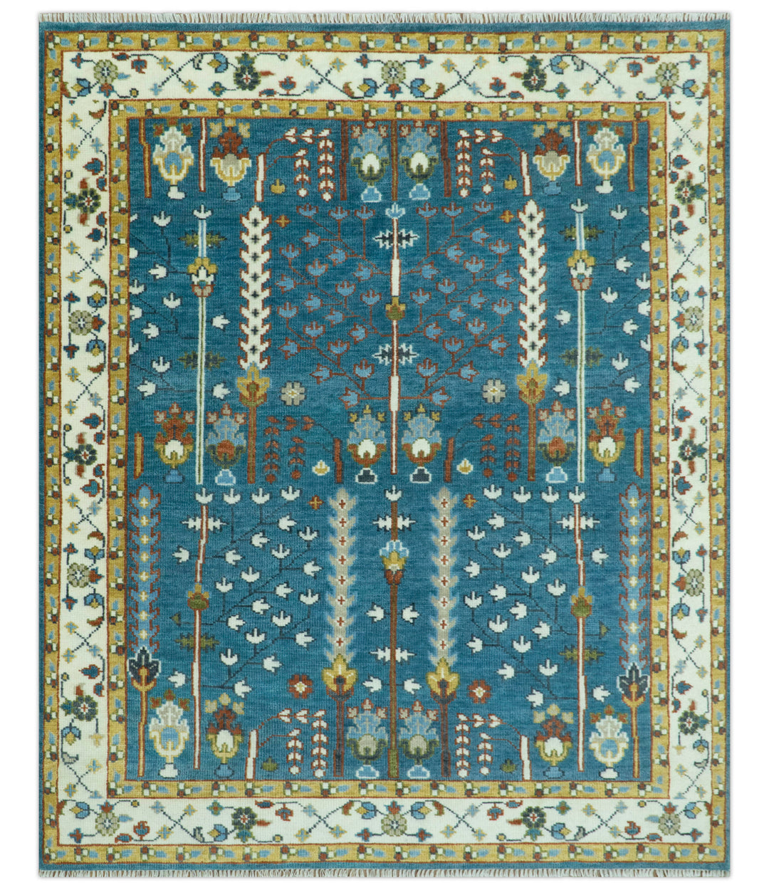 Ready to Ship Tree of Life Traditional Hand Knotted 8x10 Teal Blue and Ivory Wool Area Rug