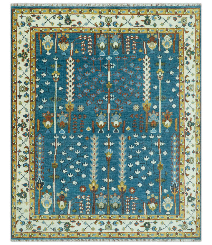 Ready to Ship Tree of Life Traditional Hand Knotted 8x10 Teal Blue and Ivory Wool Area Rug