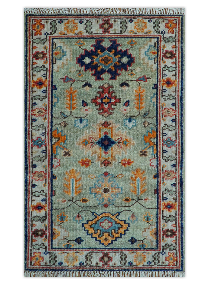 Ready to Ship 3x5 Antique Green and Ivory Traditional Hand knotted Wool Rug