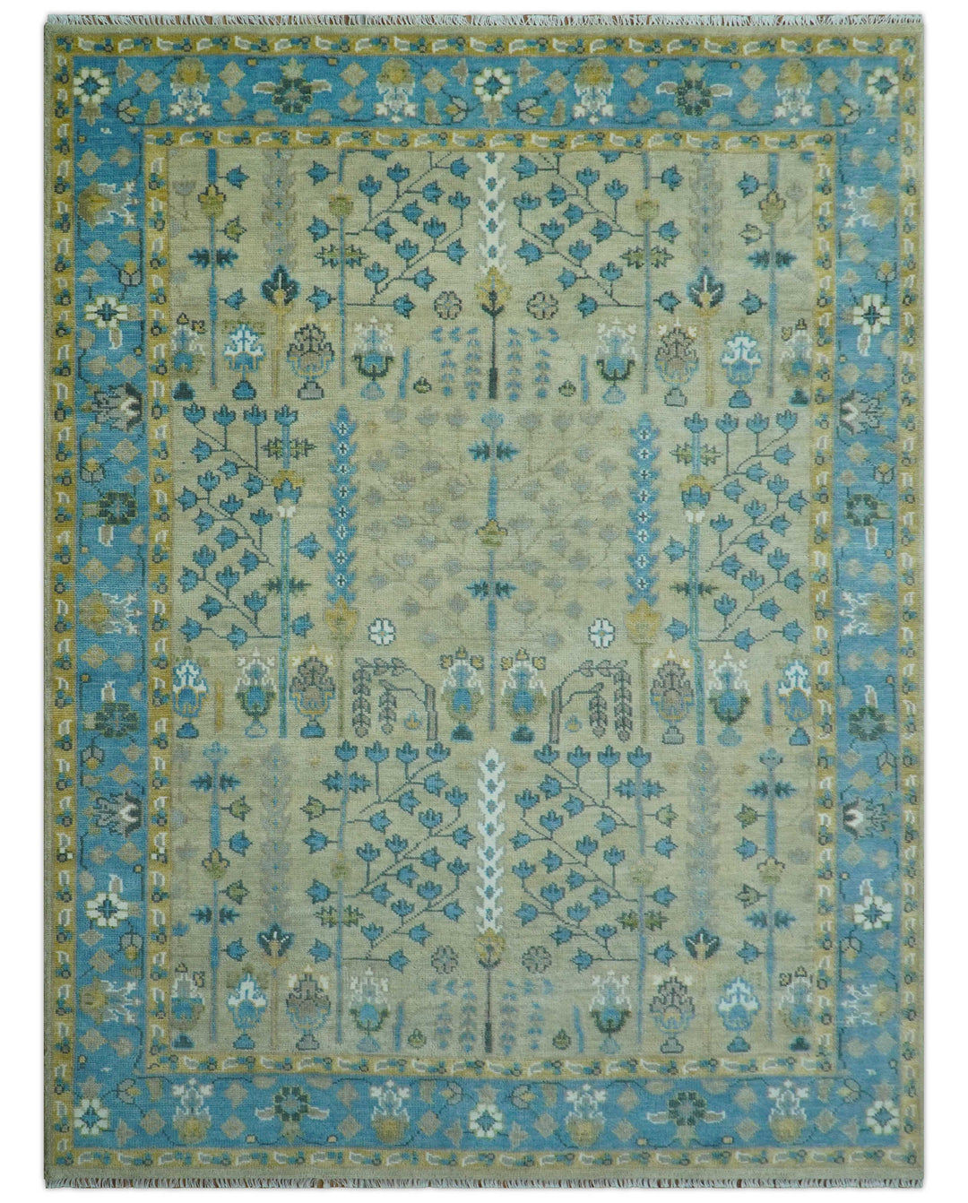 Ready to Ship 9x12 Tree of life Beige and Blue Traditional Hand Knotted Wool Rug
