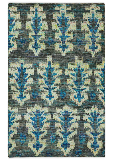 5x8 Traditional Ikat design Charcoal, Blue and Beige Hand knotted wool area rug