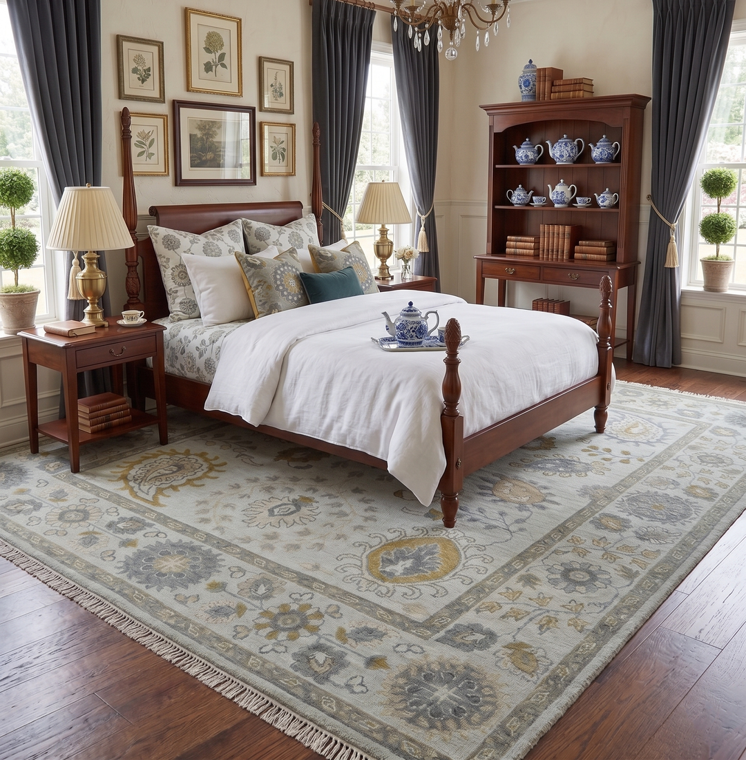 Silver, Olive and Gray Floral Herati Medallion Hand knotted Custom Made wool Area Rug