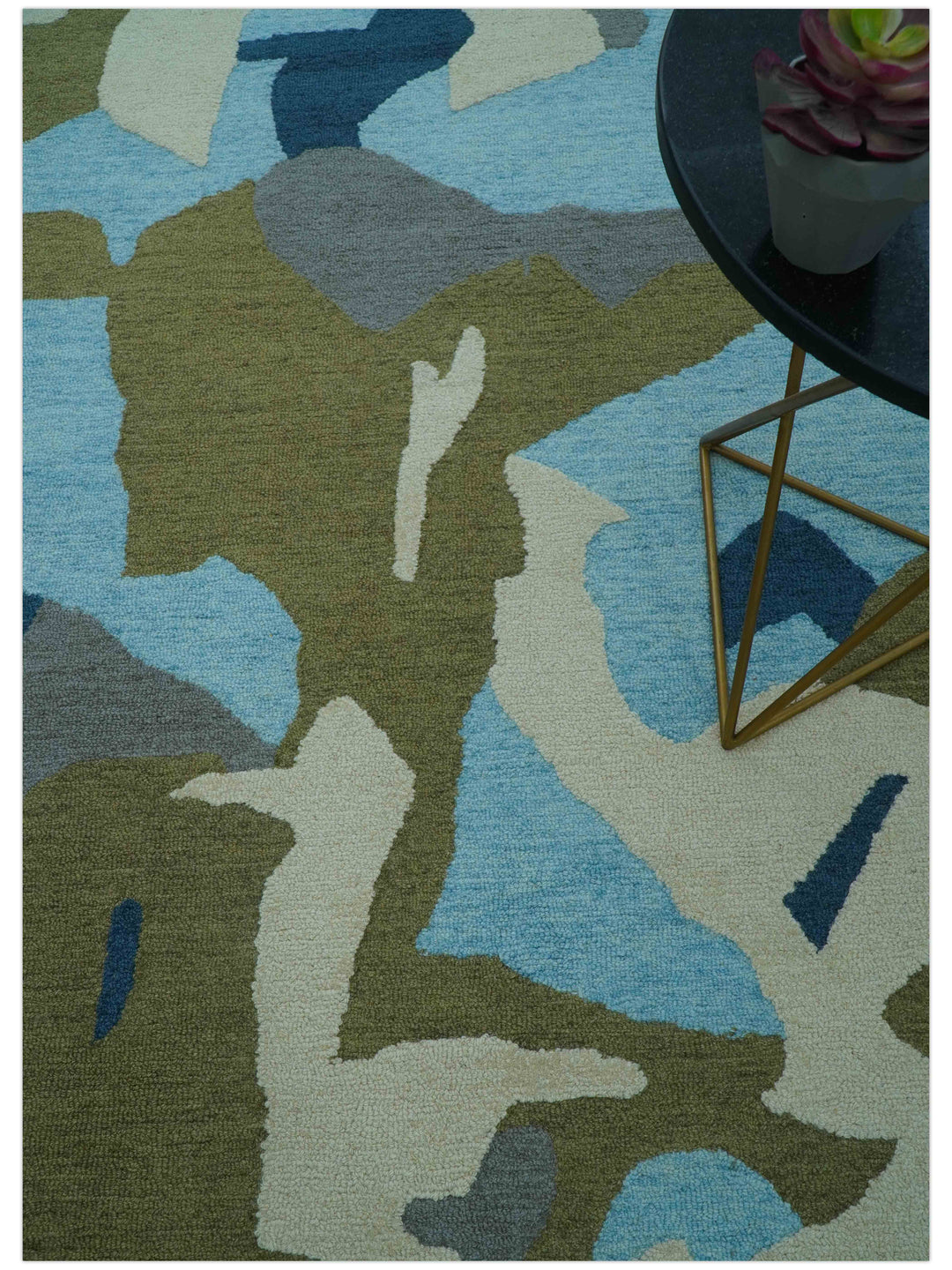 Custom Made Abstract Blue And Green Wool Rug