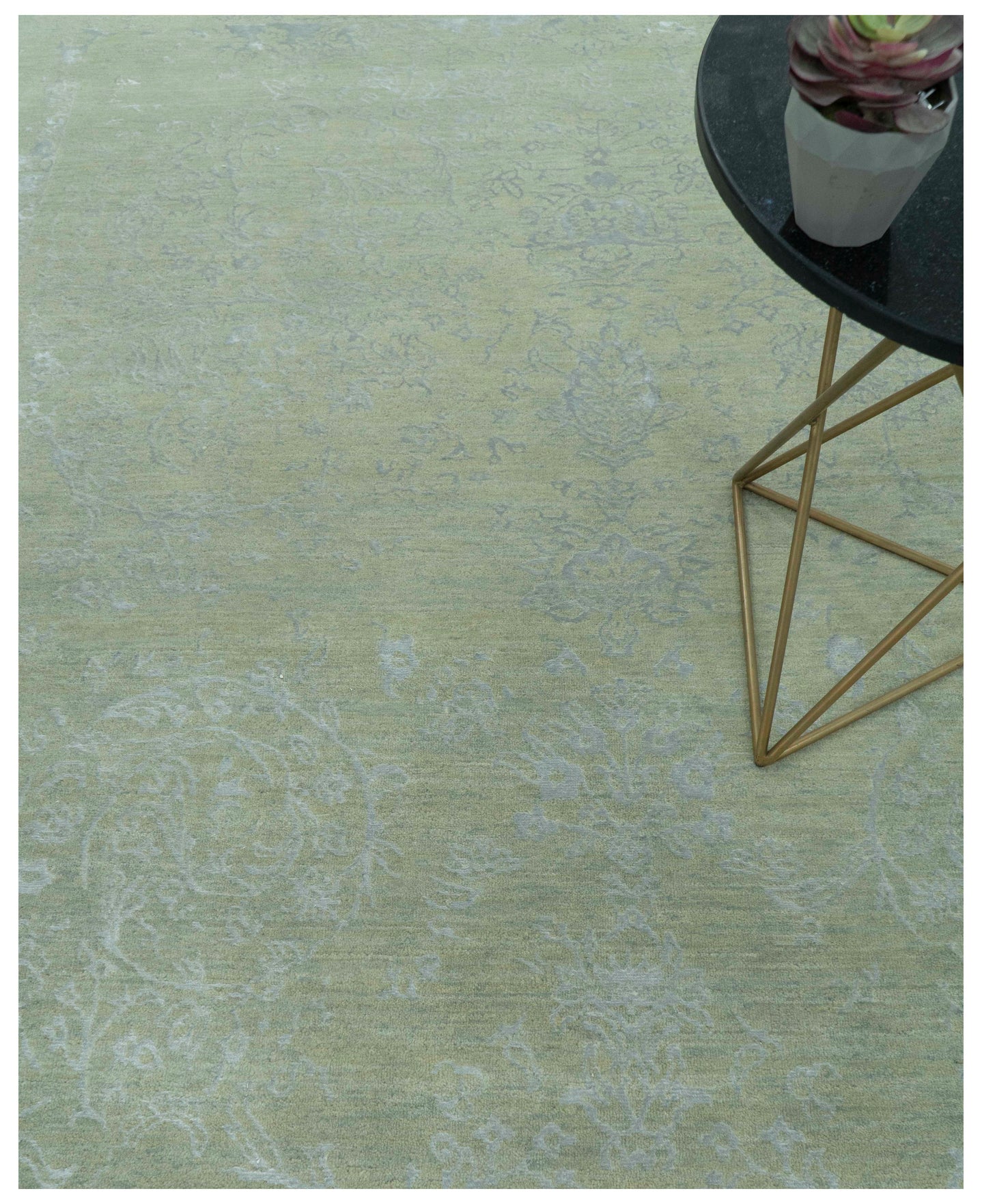 8X10 Fine Hand Knotted Green And Gray Modern abstract Design Wool and Art Silk Rug