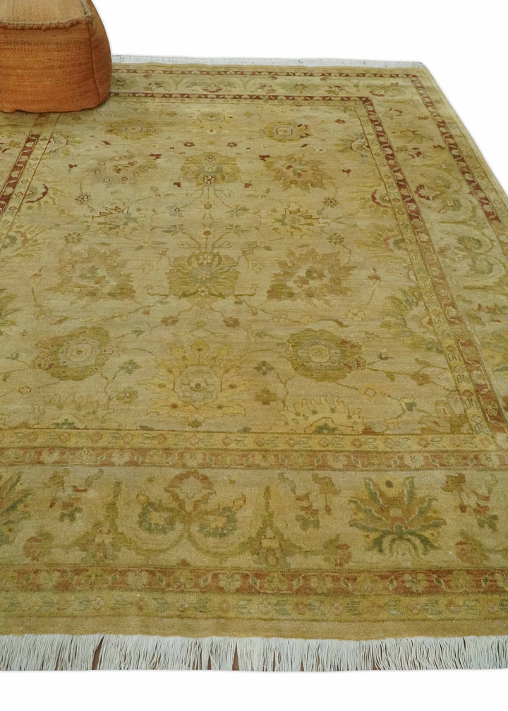 Antique Style 8x10 Hand Knotted Beige, Olive and Brown Traditional Oushak Wool Rug