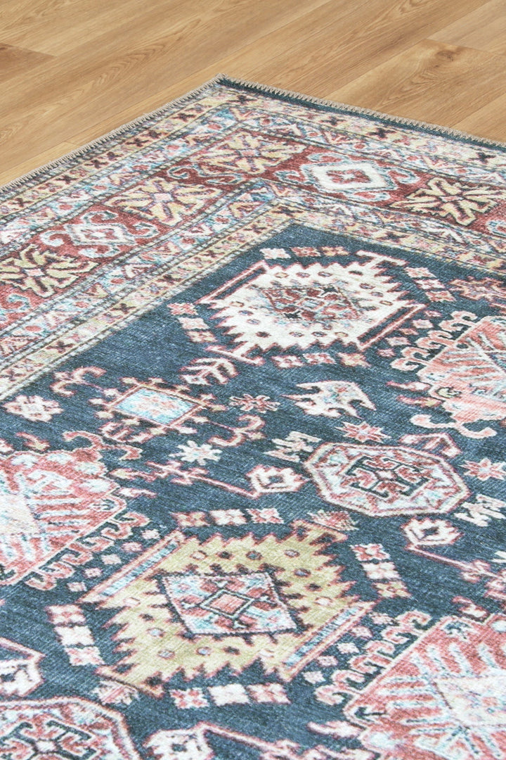 Traditional Machine Washable Blue And Rust Rug