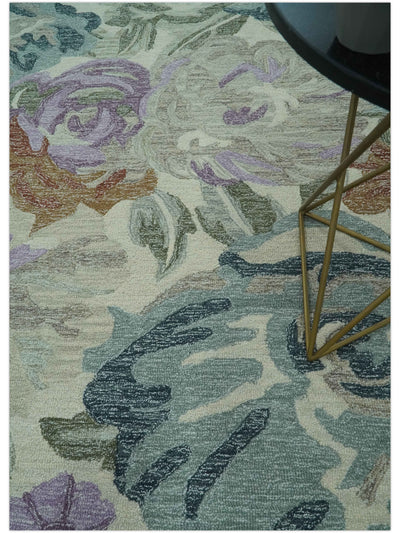 Ivory, Gray, Purple Flower Design Hand Tufted 8x10 wool Area Rug