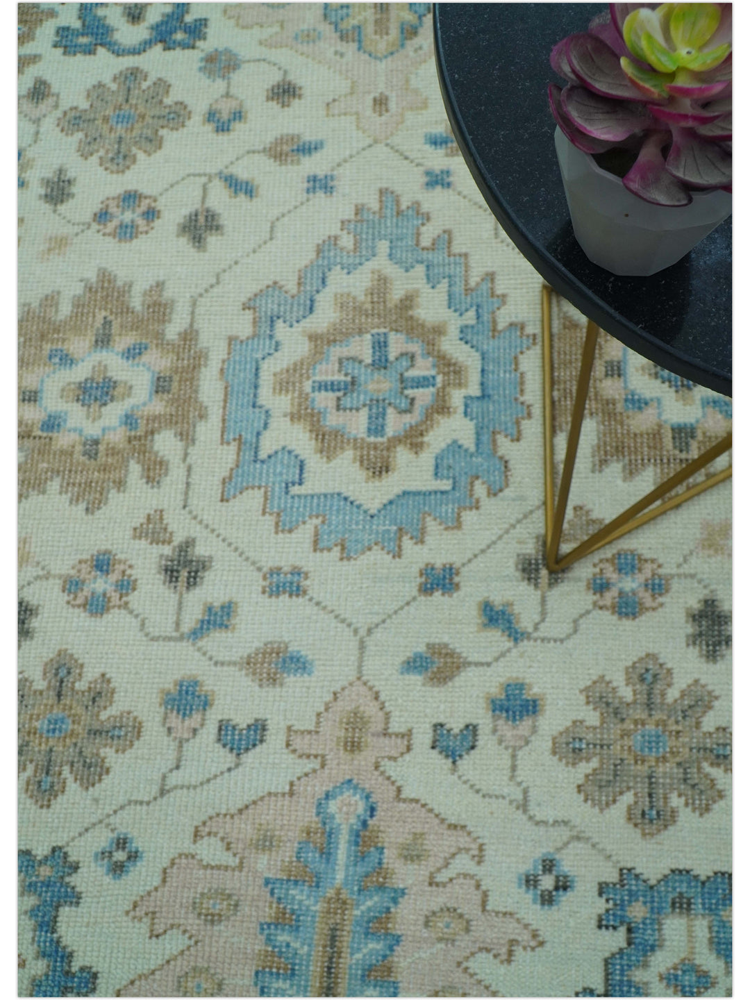 Custom Made Hand Knotted Beige and Blue Traditional Turkish Wool Area Rug