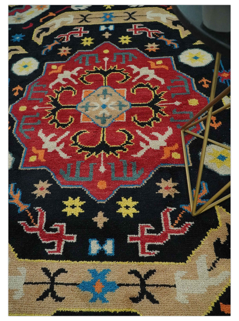 Custom Made Colorful Black, Maroon and Beige Traditional Mamluk Design wool Rug