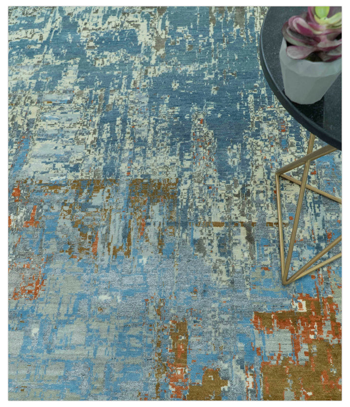 Modern Abstract Design Beige And Blue 8x10 Hand Knotted Wool, Art Silk Rug