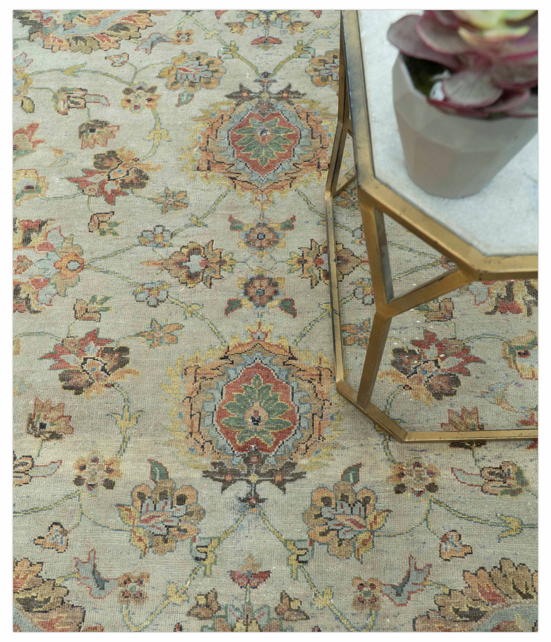 Traditional Turkish Design Beige and Rust 6x8.6 Hand Knotted Wool Area Rug