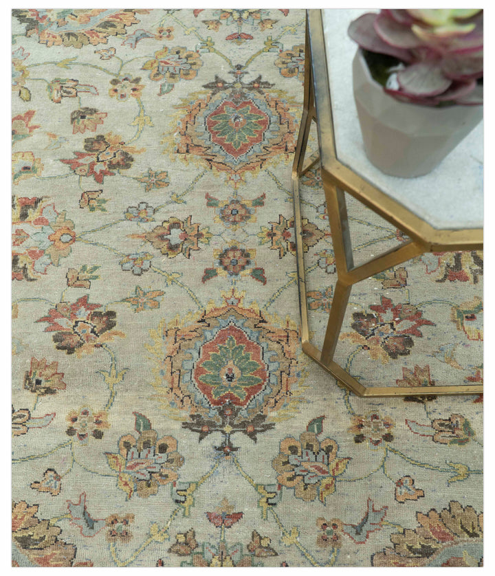 Traditional Turkish Design Beige and Rust 6x8.6 Hand Knotted Wool Area Rug