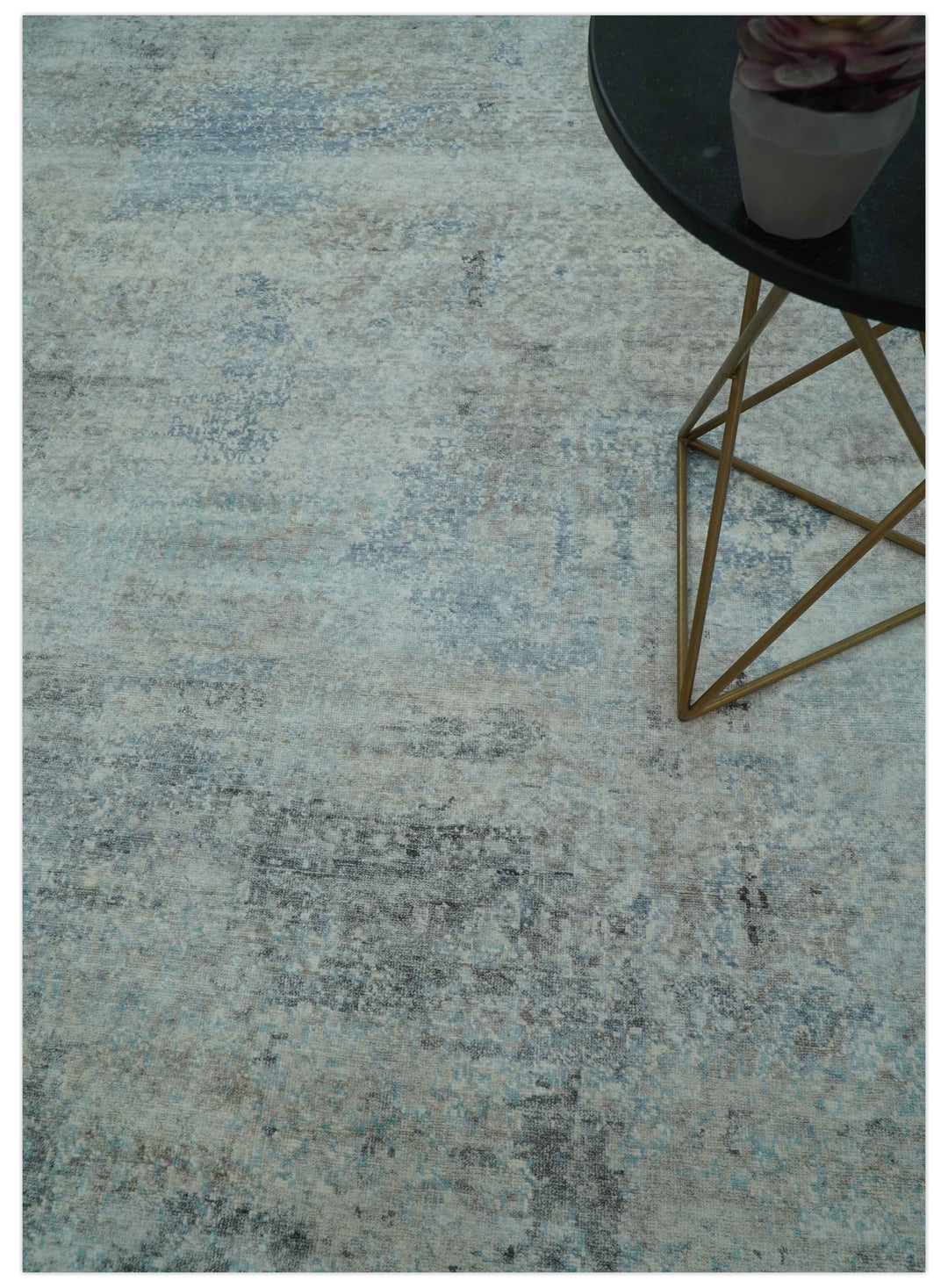 Abstract Blue And Gray  8x10 Hand Knotted Bamboo Silk Area Rug