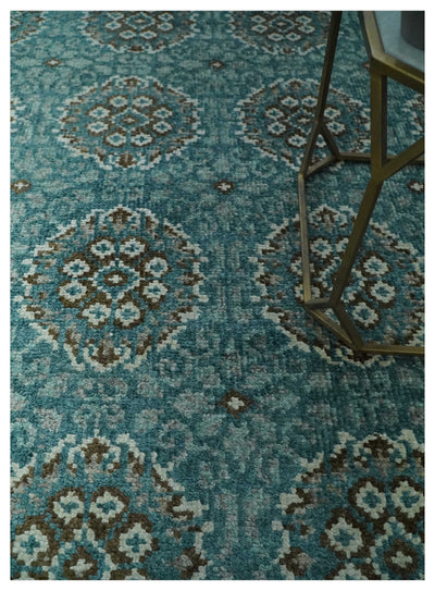 5x8 Traditional Damask Floral Design Blue, Ivory and Olive wool area rug