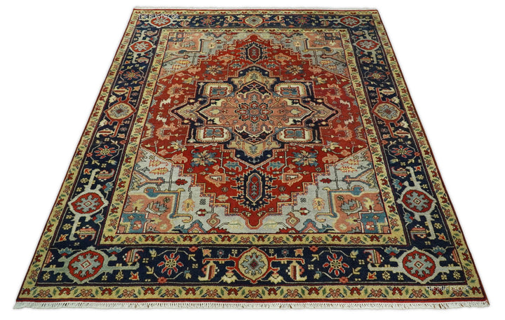 Full view red and blue traditional medallion hand-knotted wool rug with cream detailing