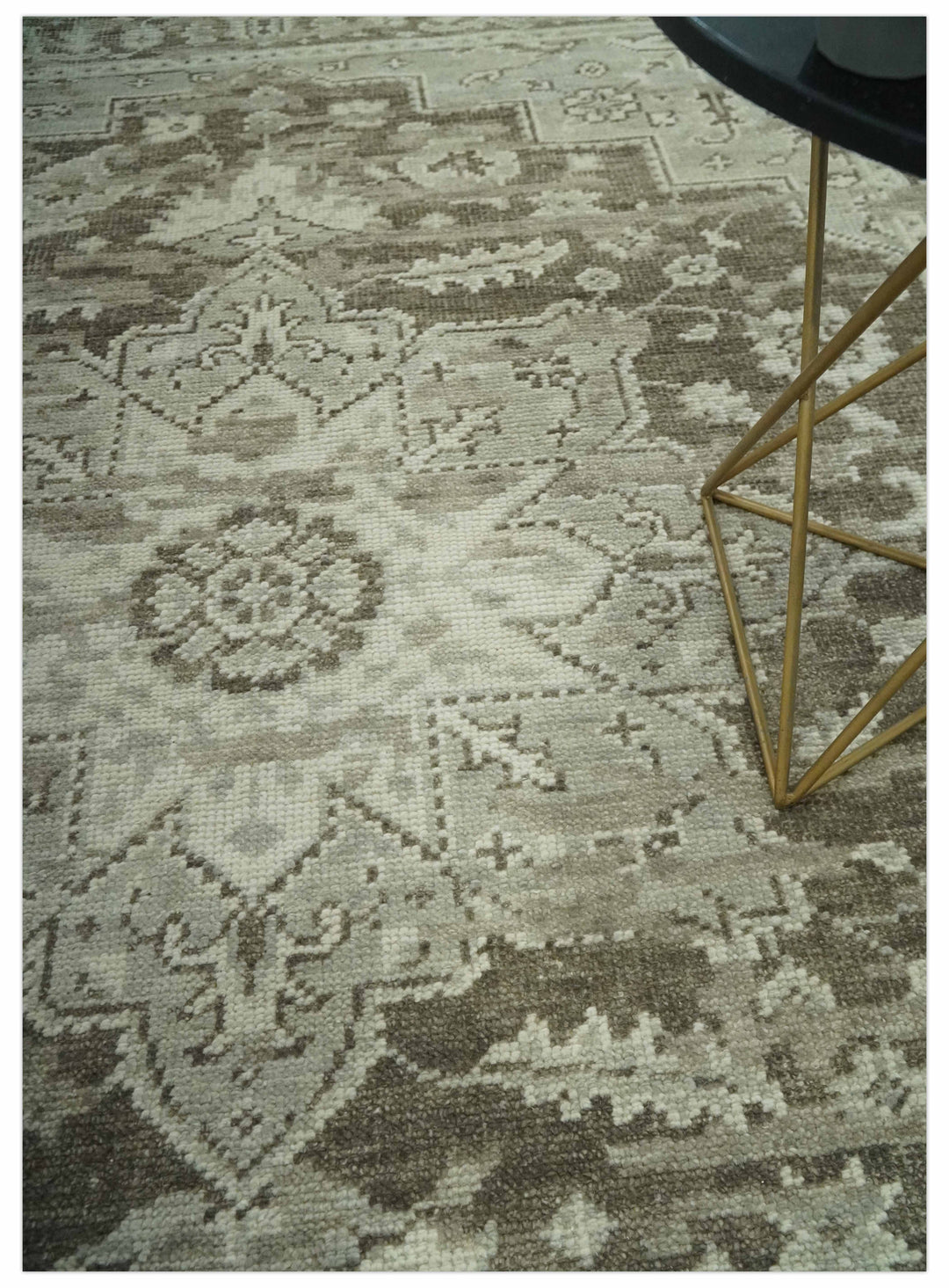 Traditional Turkish Design Beige And Brown Hand Knotted Custom Made wool rug