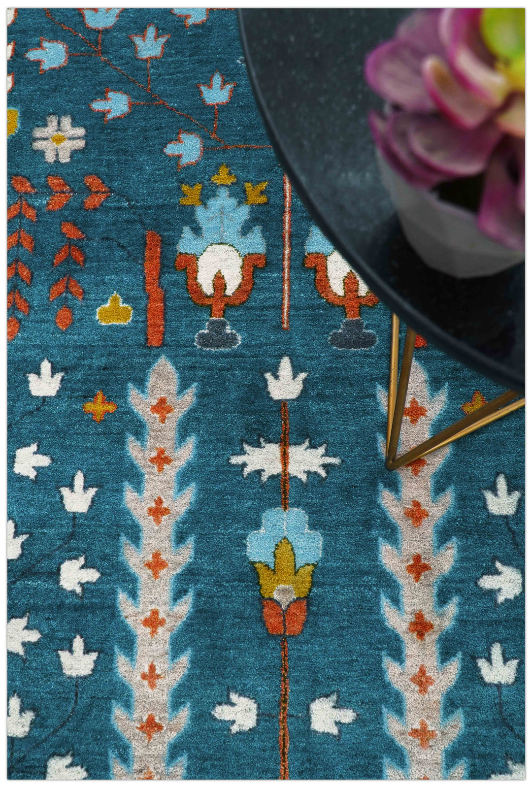 Fine Teal And Ivory Traditional Tree of life Hand Knotted Wool Rug
