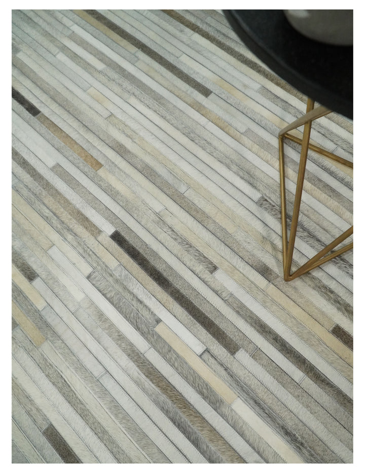 Ready to Ship 5x8 Handmade Modern Beige and Silver Leather Rug