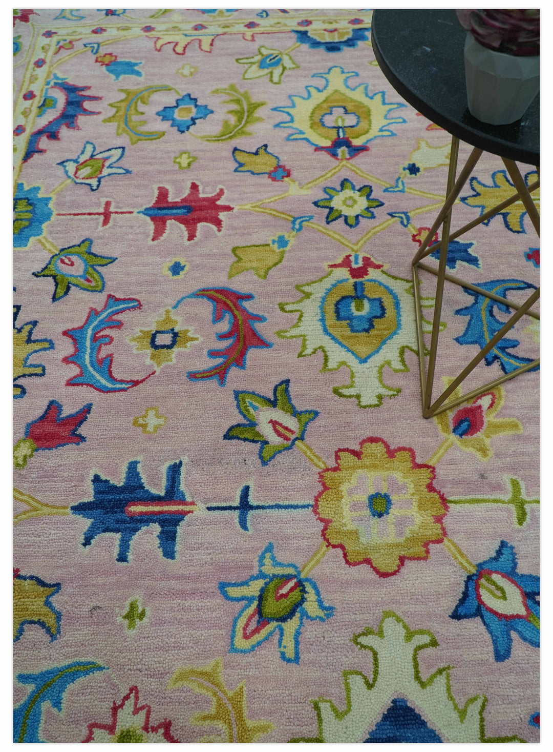 Vibrant Colorful Pink, Olive and Blue Oriental Oushak Hand Tufted Multi Size area rug