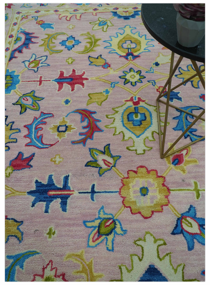 Vibrant Colorful Pink, Olive and Blue Oriental Oushak Hand Tufted Multi Size area rug