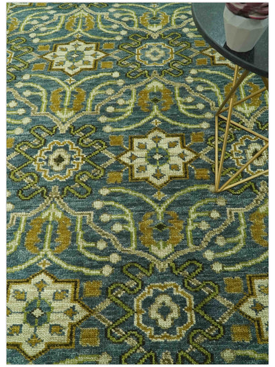 Blue and Olive Traditional motifs design Custom Made wool area rug