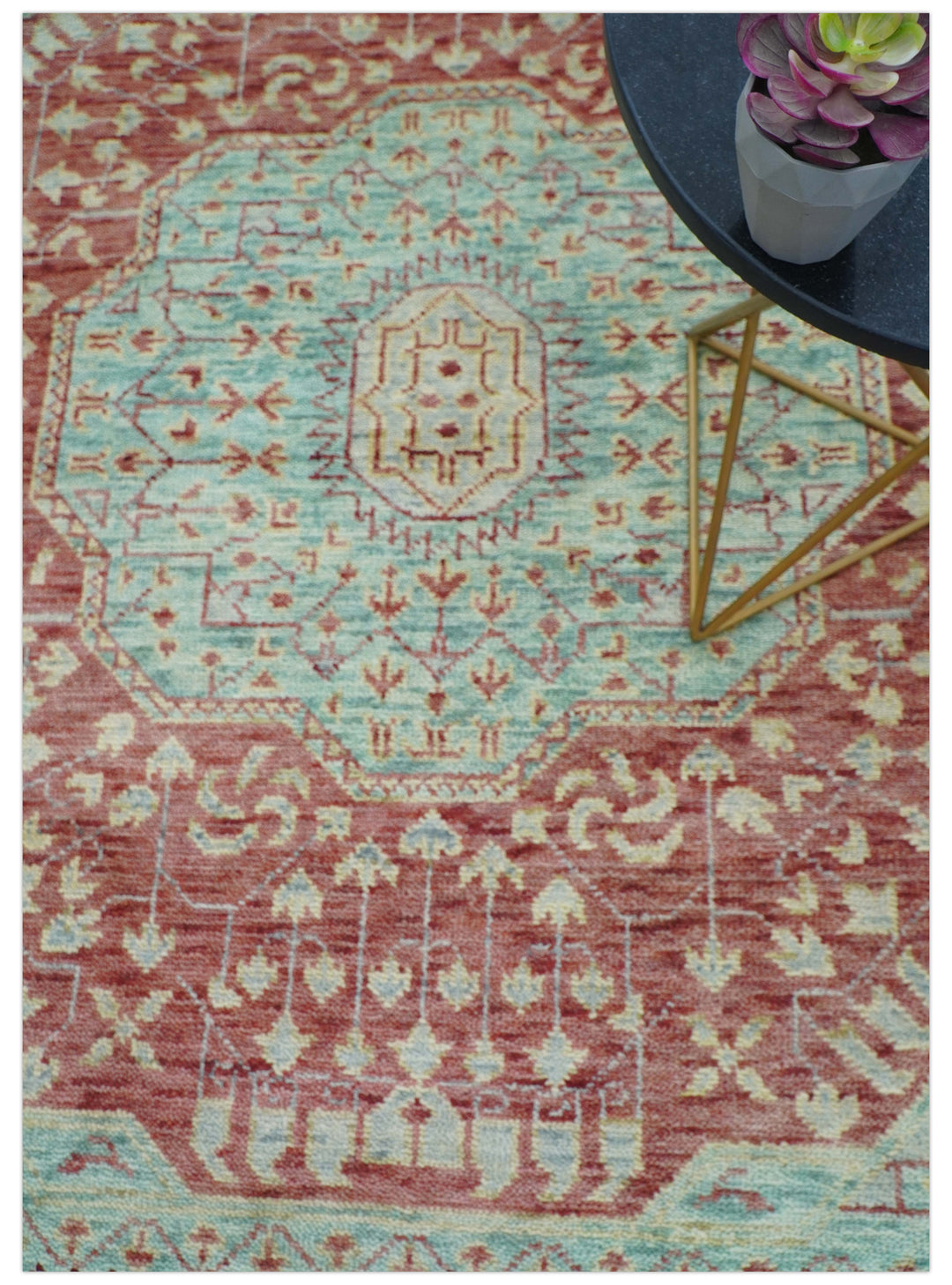 Maroon And Teal Traditional Mamluk Design Hand knotted 9x12 Wool Rug