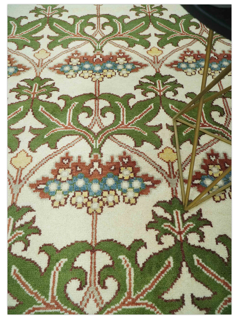 Hand Knotted Ivory and Green Floral Traditional Antique Style Wool Area Rug