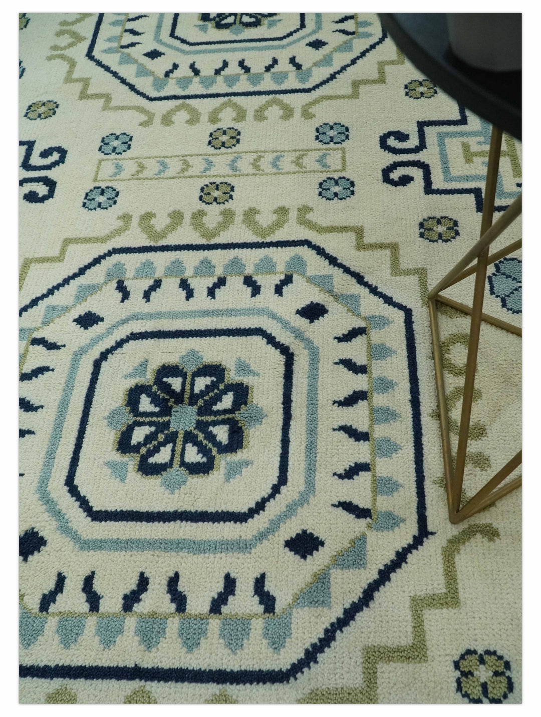 Ivory, Blue and Olive Traditional Mamluk design Custom Made wool area Rug