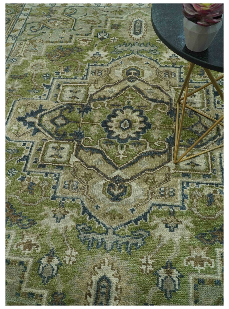 Custom Made Hand Knotted Traditional Green, Silver and Charcoal wool area rug