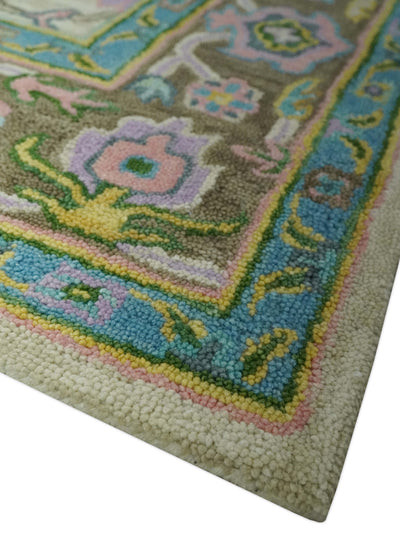 Custom Made Beige, Blue and Purple Traditional Floral Hand Tufted wool rug